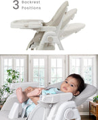 Baby in a high chair with adjustable backrest positions, set against a neutral indoor background.