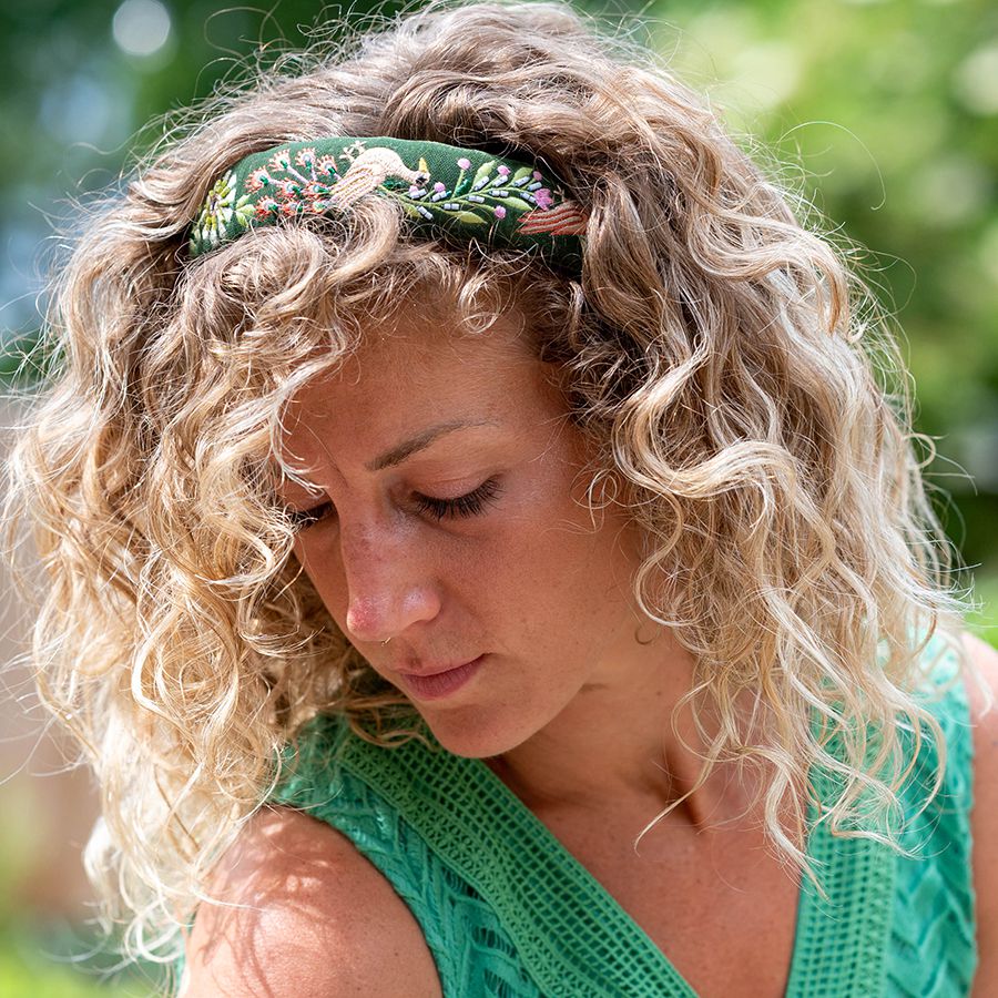 Green velvet headband with peacock embroidery
