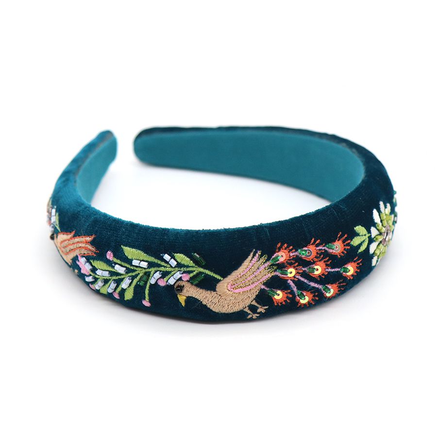 Teal velvet headband with peacock embroidery - Flemings Department Store