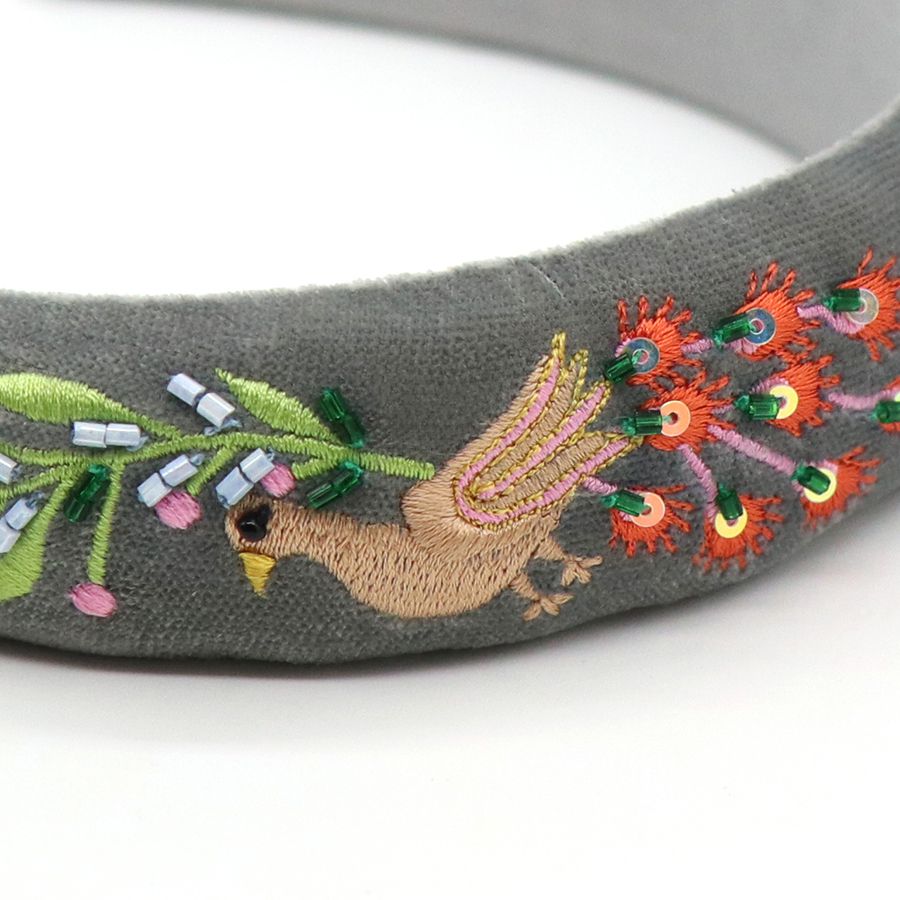 Grey velvet headband with peacock embroidery - Flemings Department Store