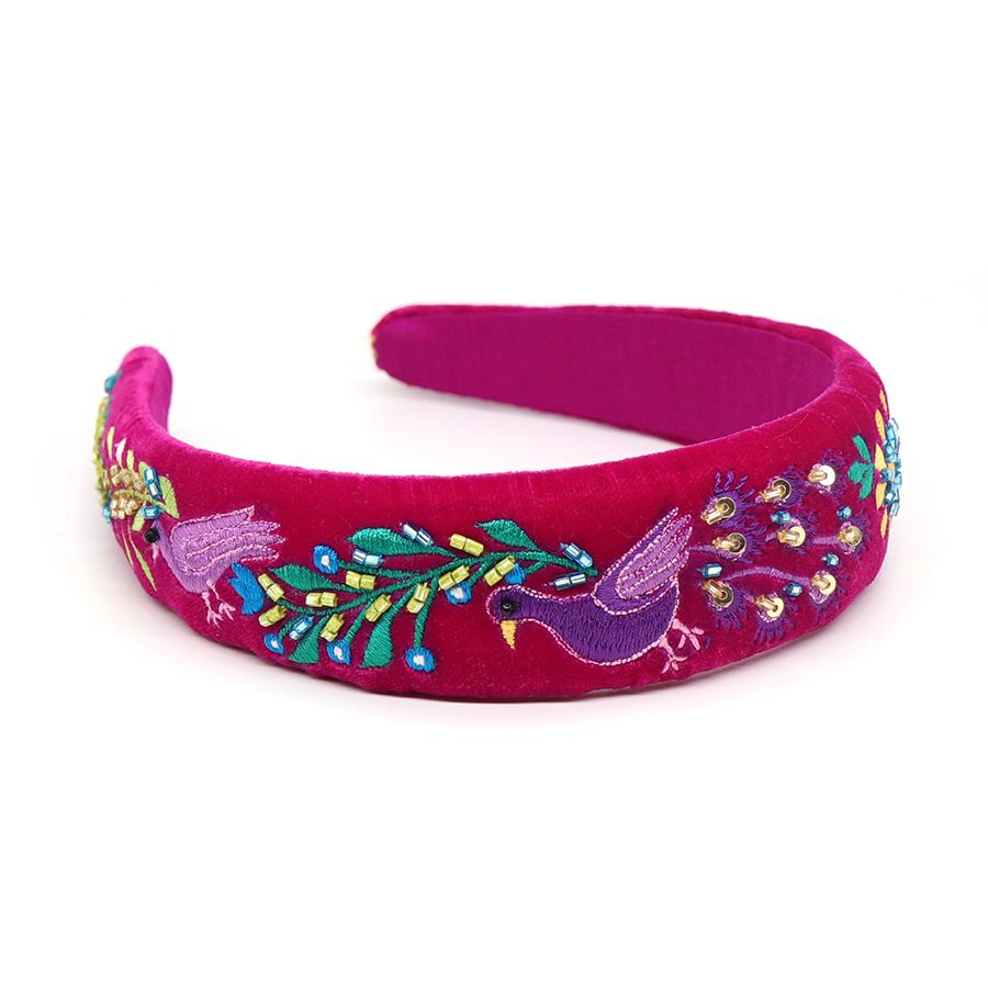 Magenta velvet headband with peacock embroidery - Flemings Department Store