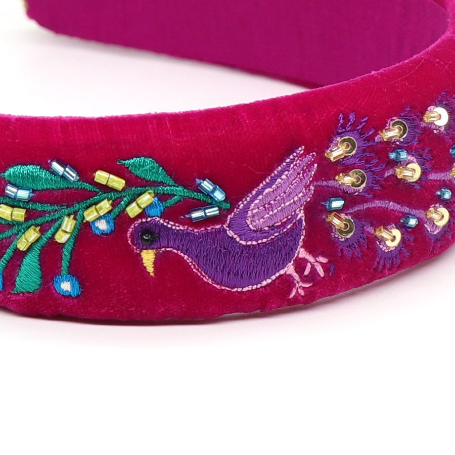 Magenta velvet headband with peacock embroidery - Flemings Department Store