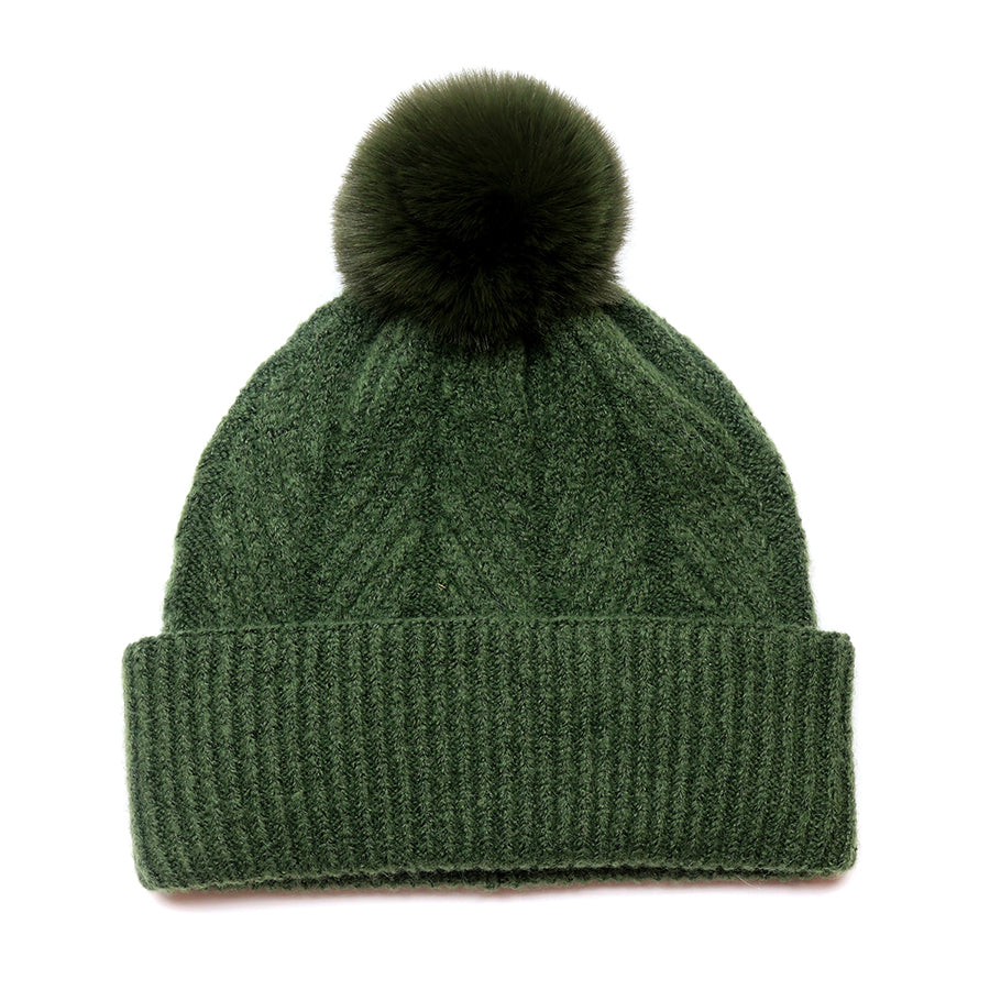 Charlotte Moss Green Herringbone Knit Bobble Hat