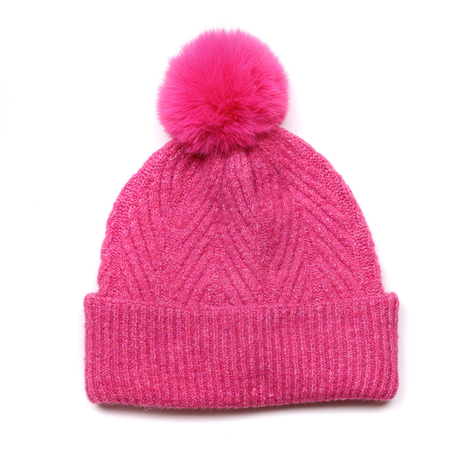 Charlotte Bright Pink Herringbone Knit Bobble Hat