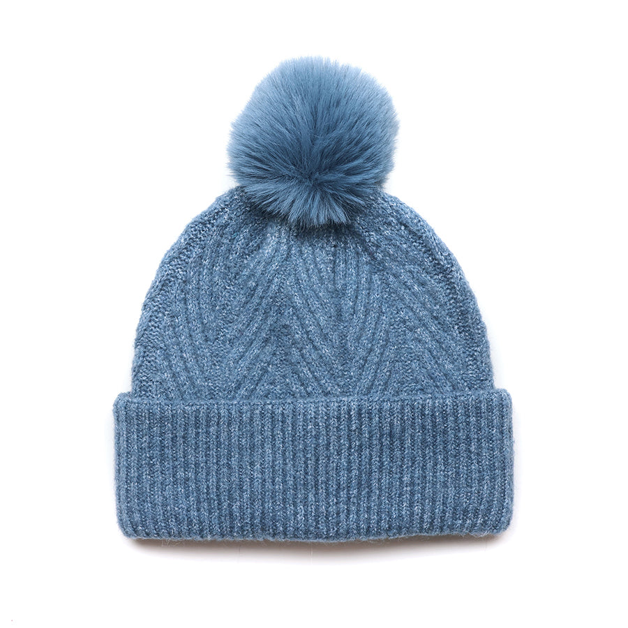 Charlotte Dusky Blue Herringbone Knit Bobble Hat
