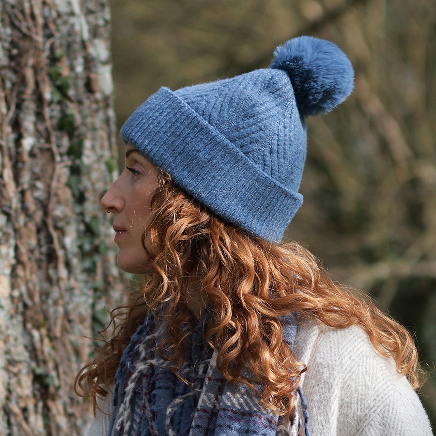Charlotte Dusky Blue Herringbone Knit Bobble Hat