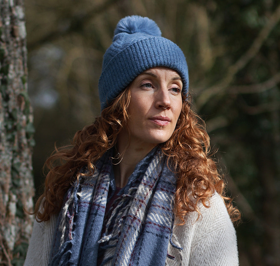 Charlotte Dusky Blue Herringbone Knit Bobble Hat