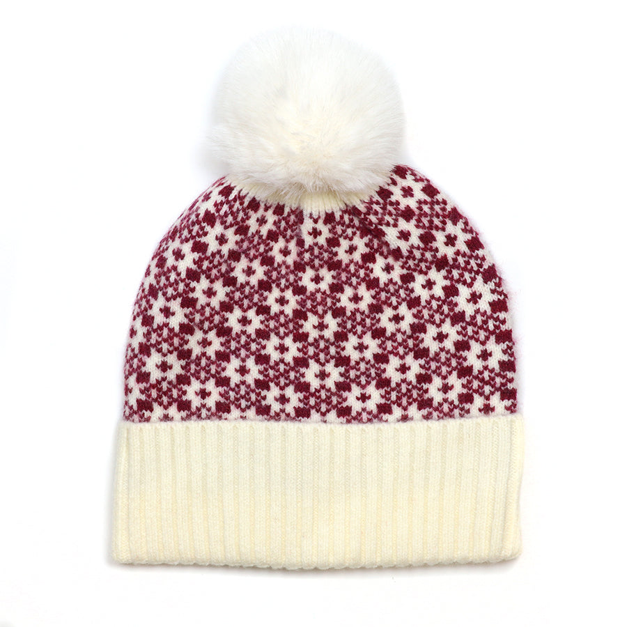 Astrid Berry and Cream Scandi Star Knit Bobble Hat