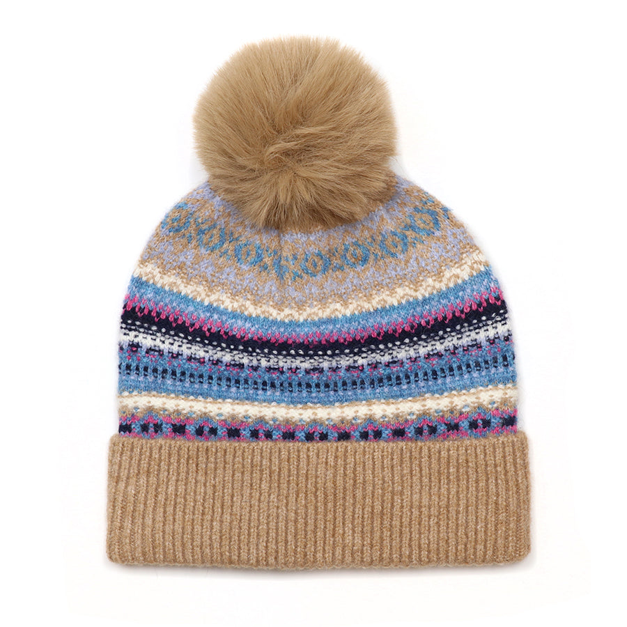 Evie Camel and Blue Mix Pattern Knit Bobble Hat