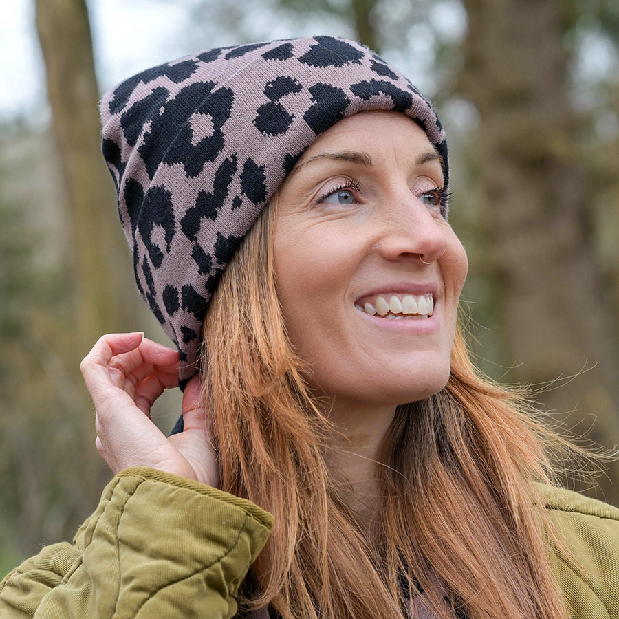 Carly Taupe and Black Animal Print Beanie