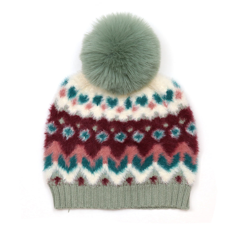 Imogen Super Soft Wine and Duck Egg Pattern Knit Bobble Hat