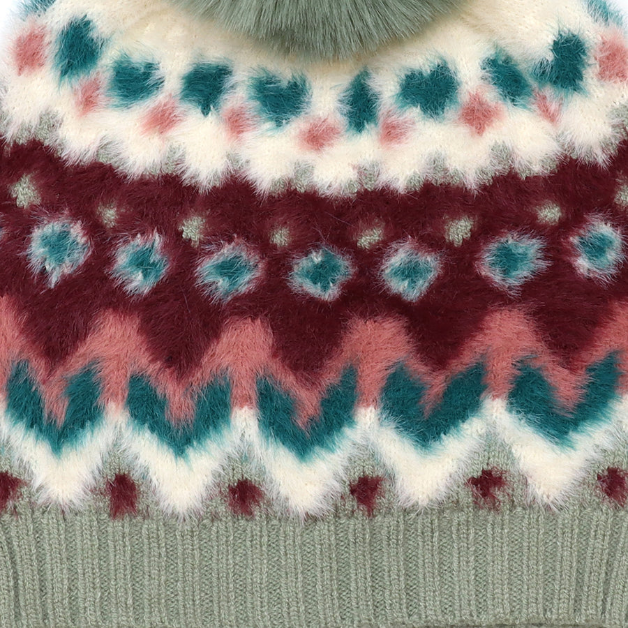 Imogen Super Soft Wine and Duck Egg Pattern Knit Bobble Hat