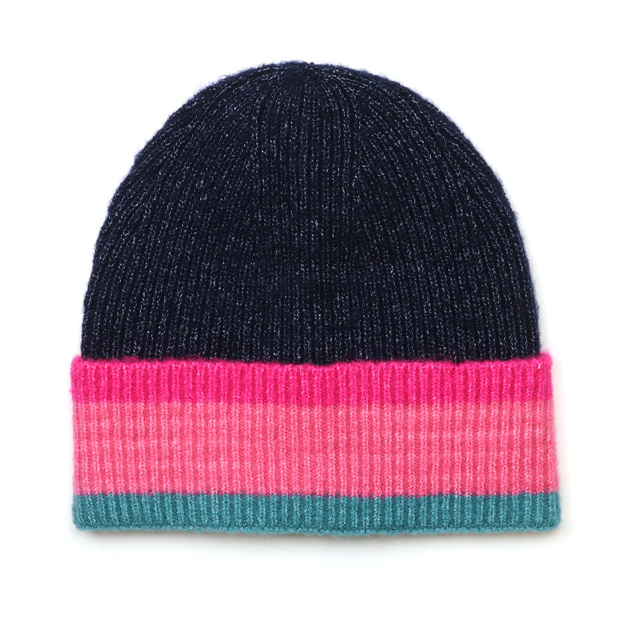 Anna Ribbed Knit Navy, Pink, Teal Stripe Beanie