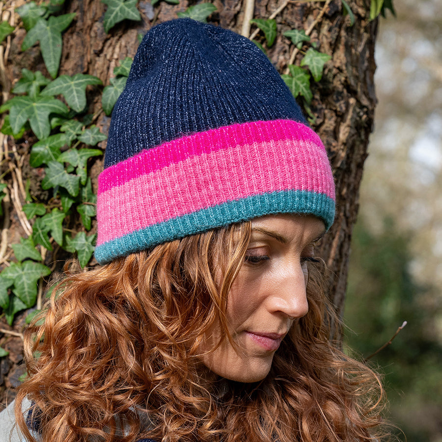 Anna Ribbed Knit Navy, Pink, Teal Stripe Beanie