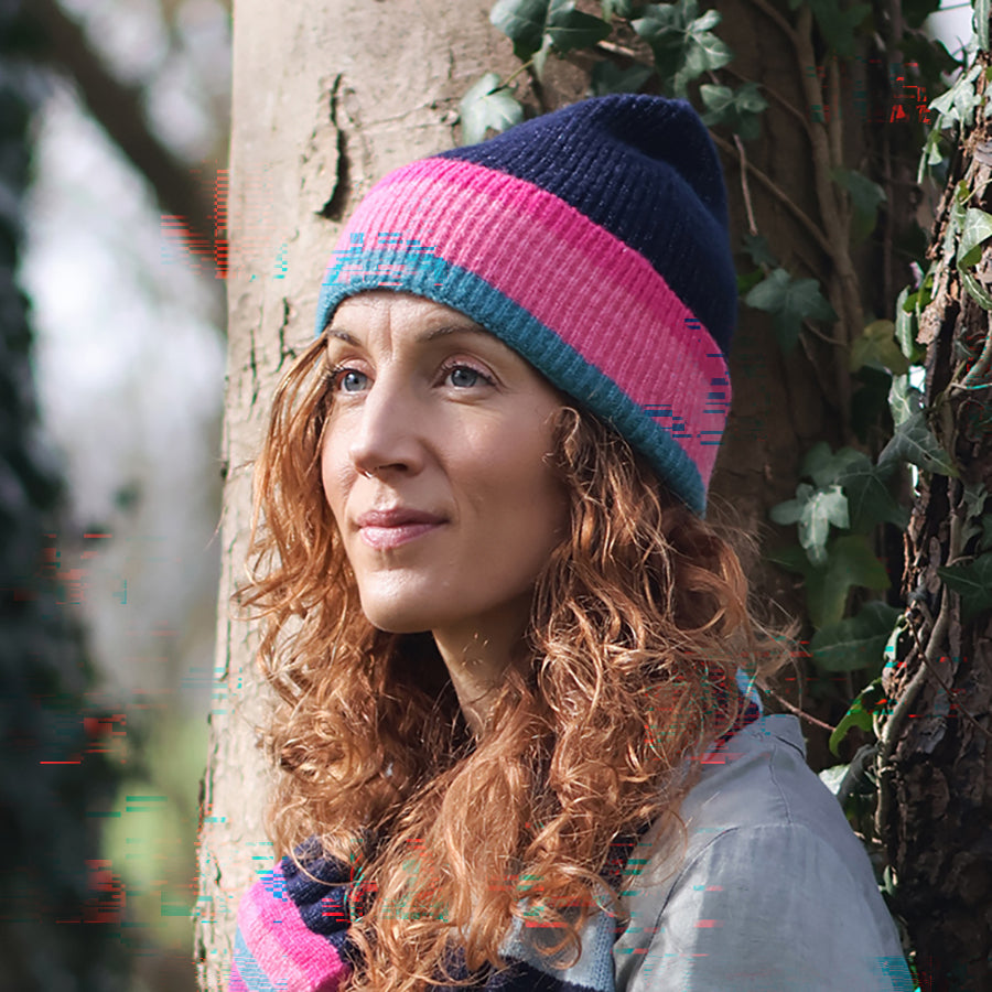 Anna Ribbed Knit Navy, Pink, Teal Stripe Beanie