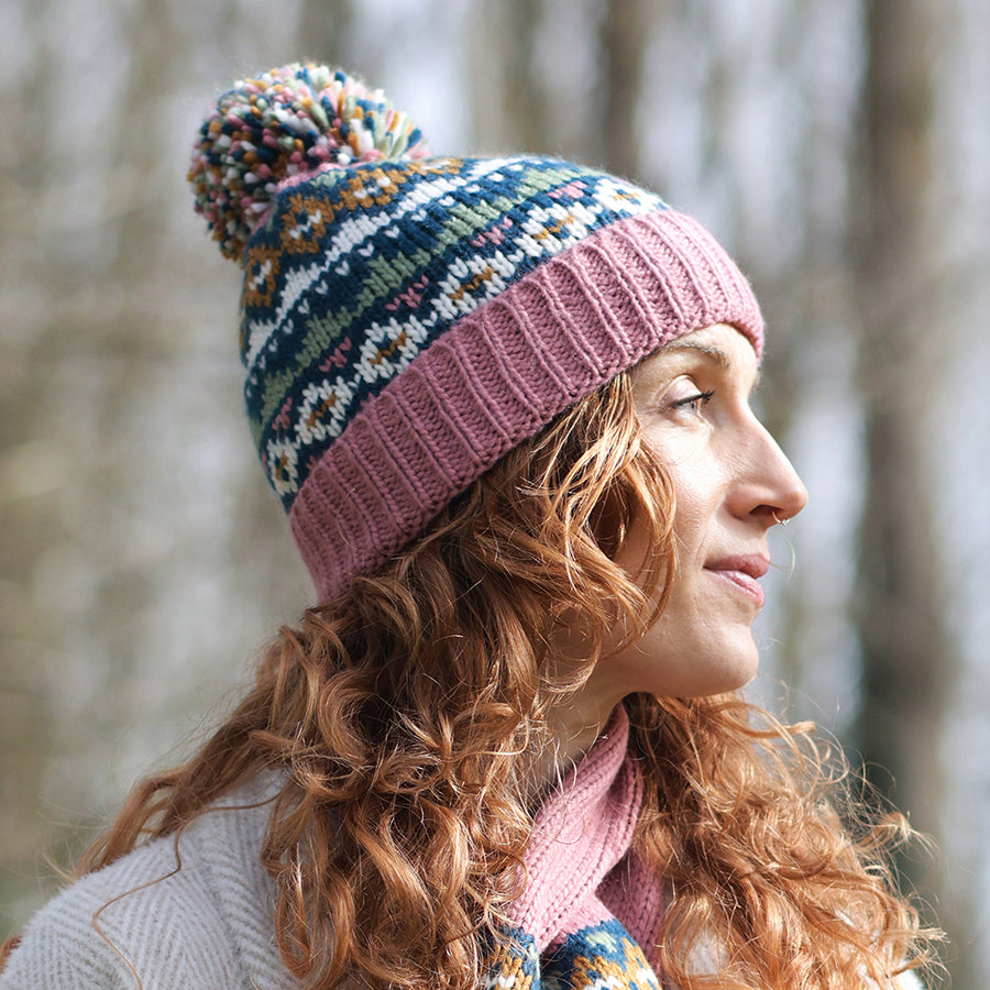 Valentina Rose Pink, Blue and Sage Mix Pattern Knit Bobble Hat