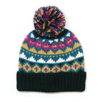 Valentina Dark Green, Camel and Pink Mix Pattern Knit Bobble Hat