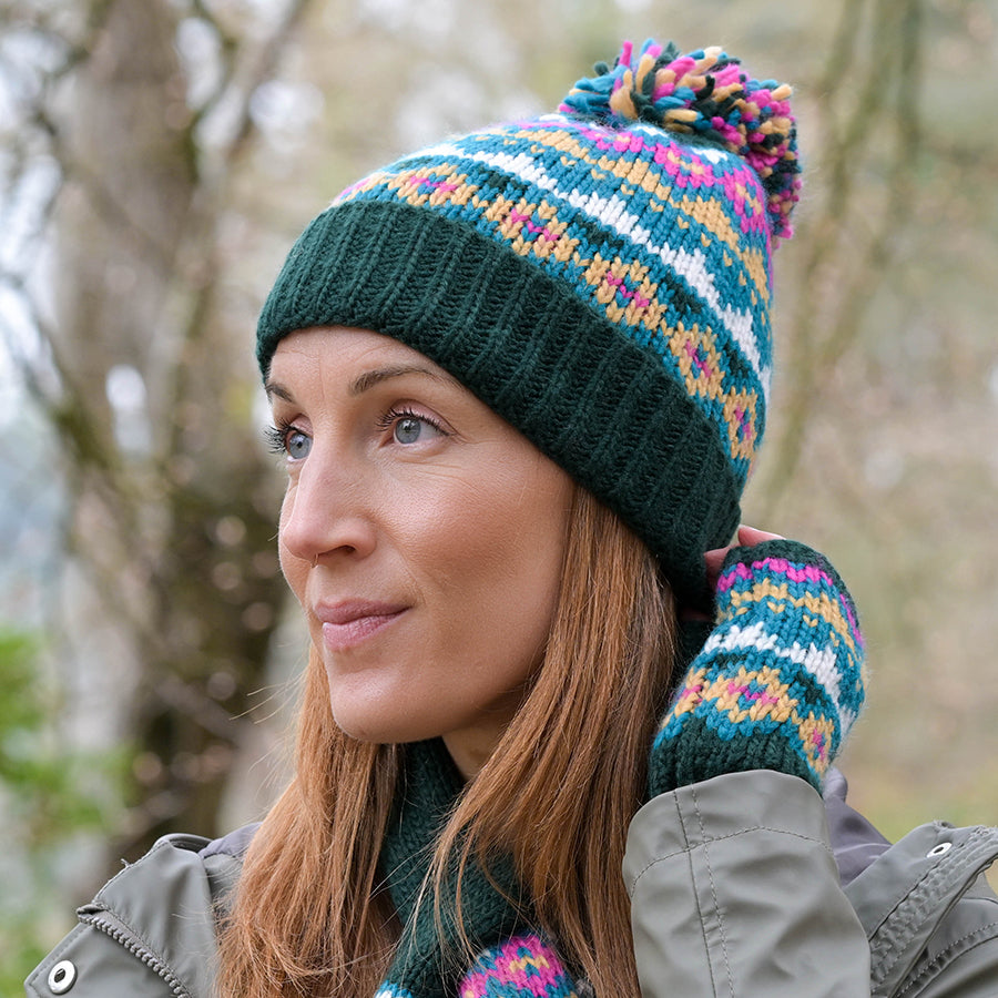 Valentina Dark Green, Camel and Pink Mix Pattern Knit Bobble Hat