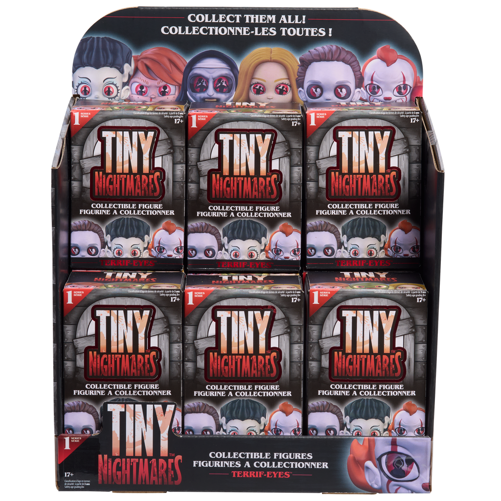 Display of Tiny Nightmares collectible figure packaging on a white background
