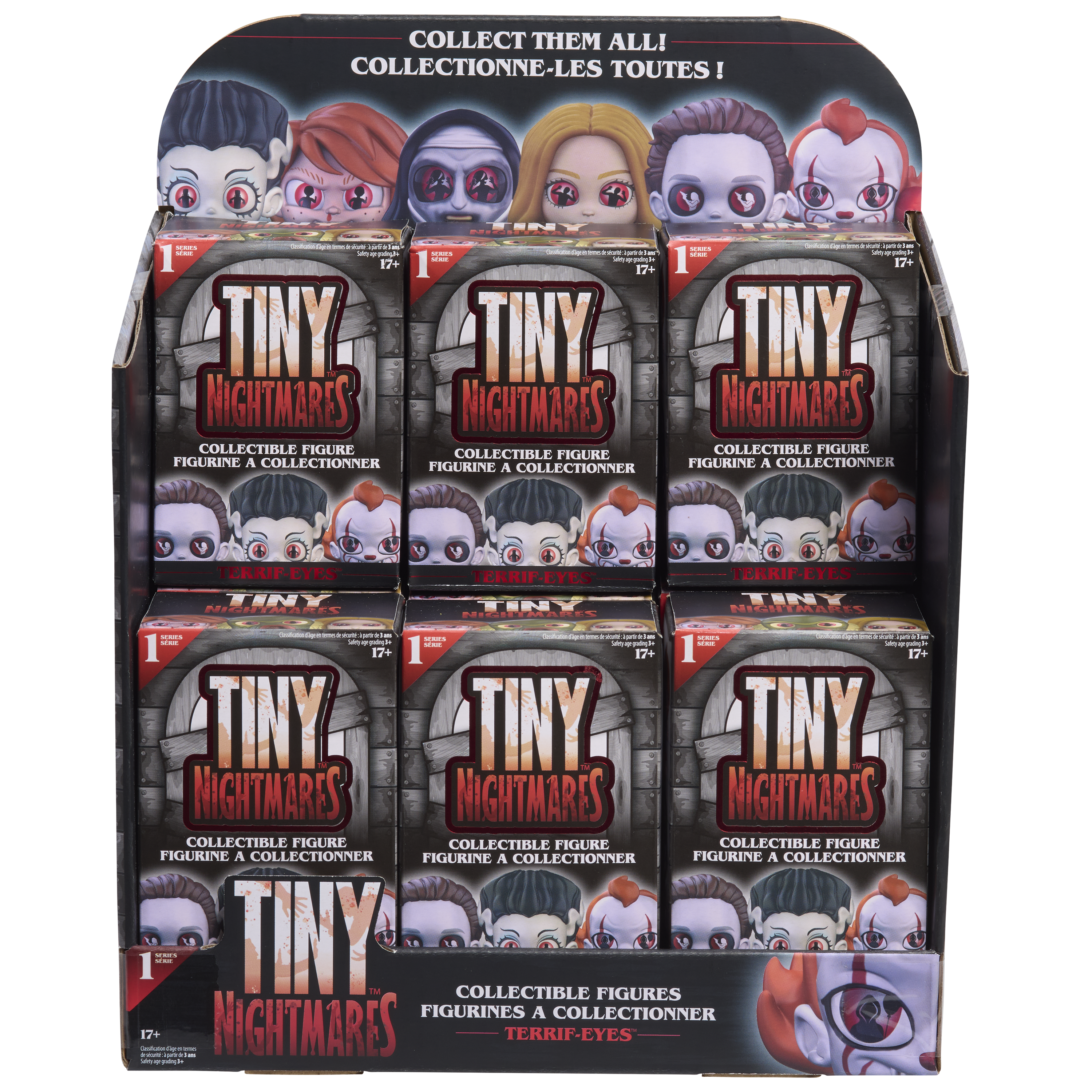 Display of Tiny Nightmares collectible figure packaging on a white background