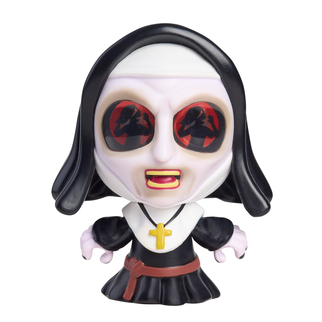 Toy figure of a nun with black hair and white face - horror themed from the tiny nightmares collection 