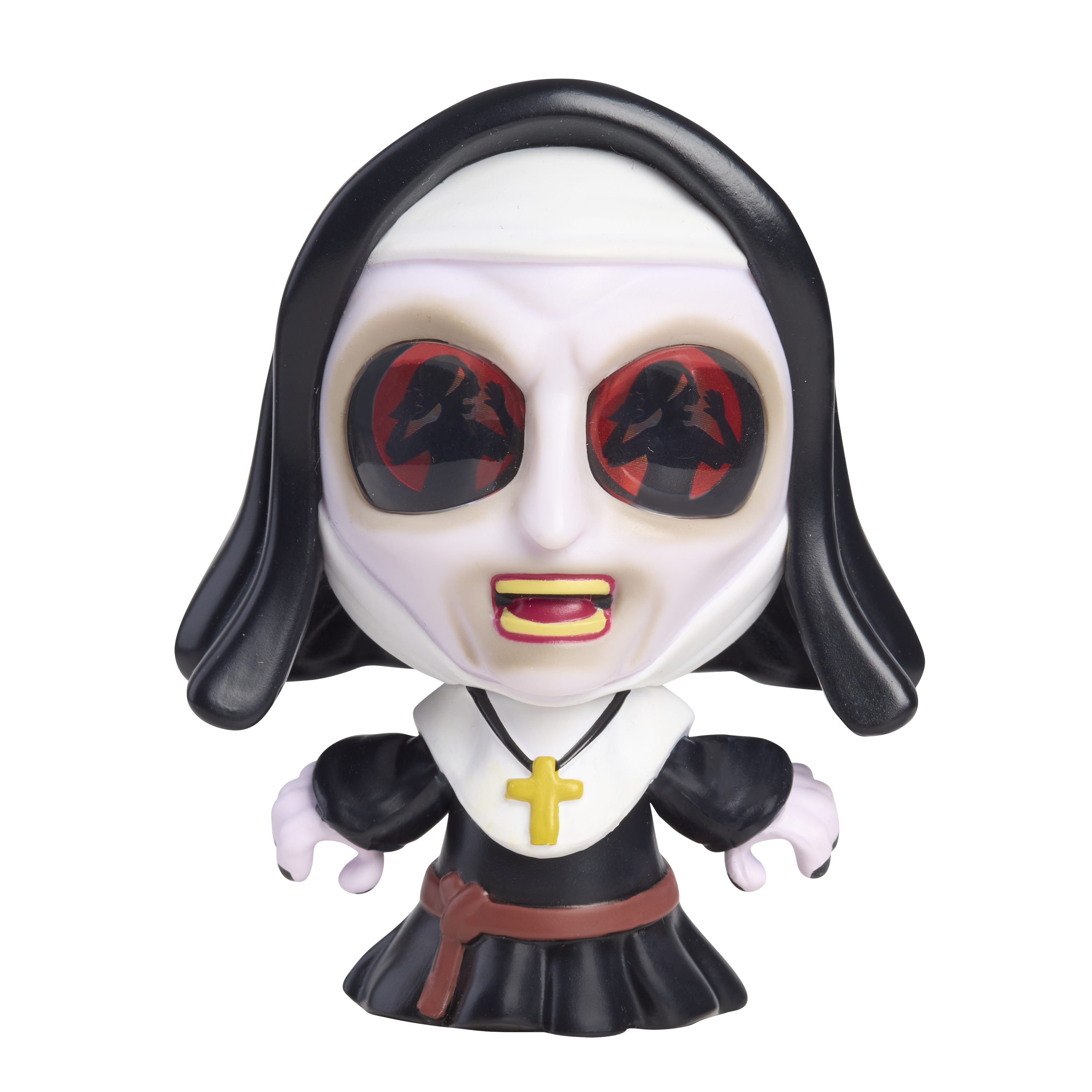Toy figure of a nun with black hair and white face - horror themed from the tiny nightmares collection 
