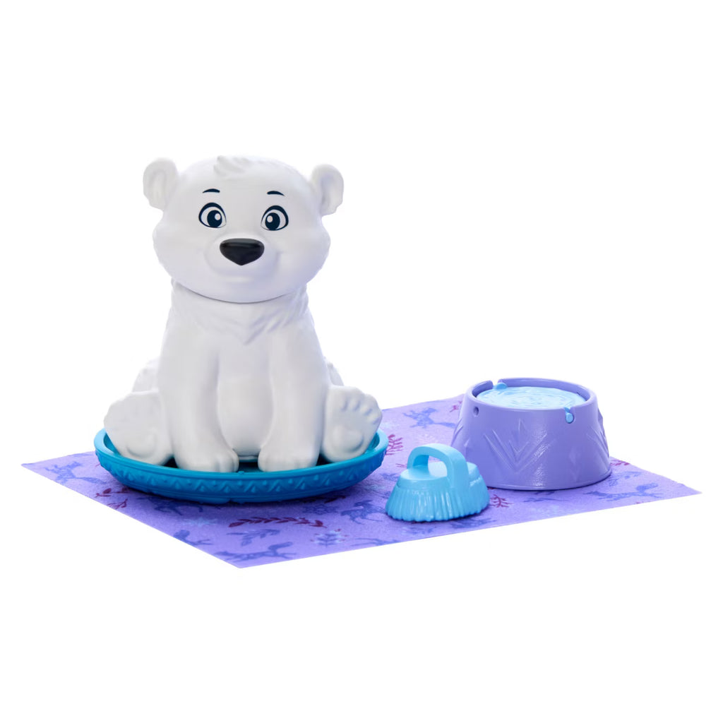 White polar bear figurine with blue ice floe and purple water bucket on a white background