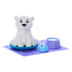 White polar bear figurine with blue ice floe and purple water bucket on a white background