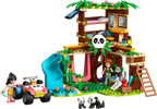 LEGO set with a jungle treehouse, panda figures, and vehicle on a white background