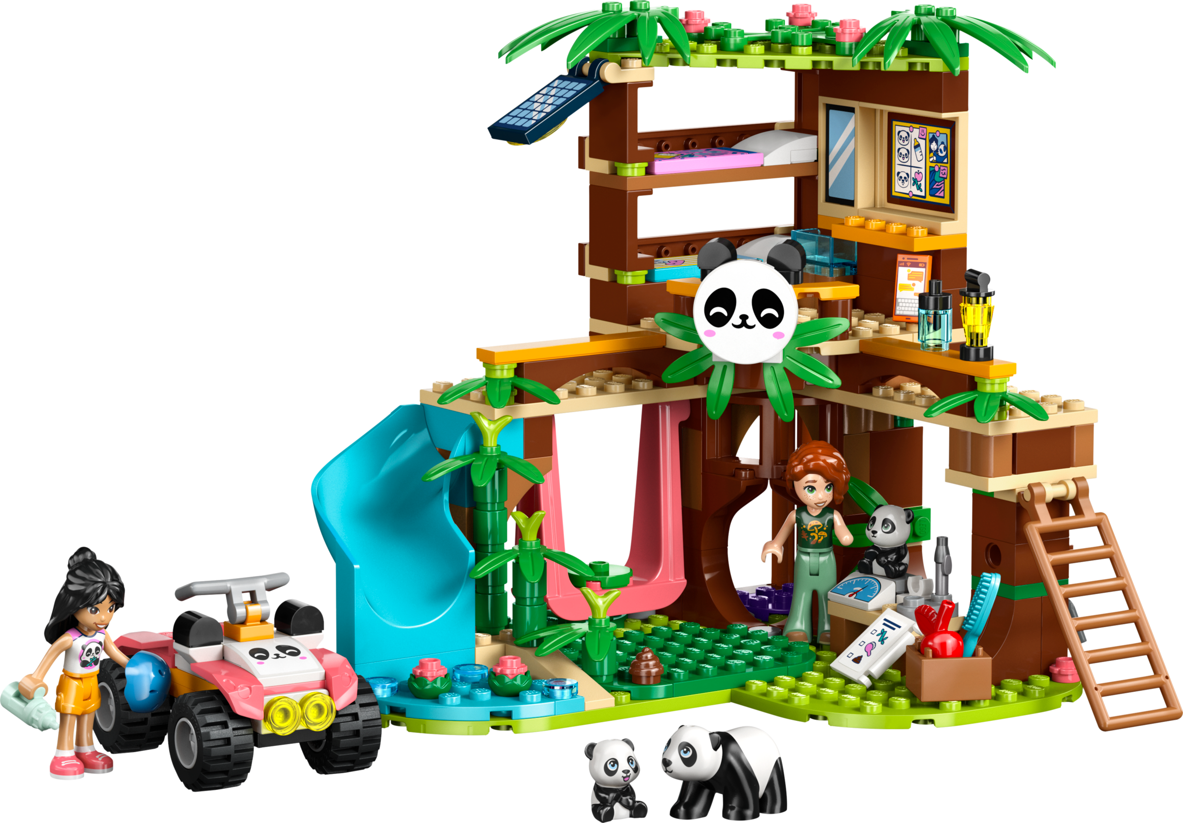 LEGO set with a jungle treehouse, panda figures, and vehicle on a white background