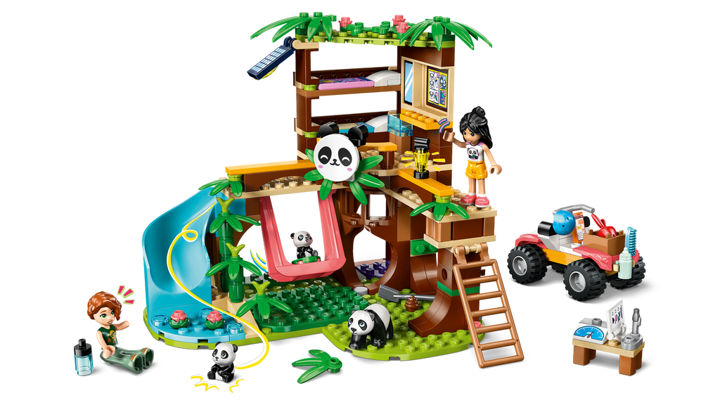 LEGO set with panda-themed play structure, vehicles, and figures on a white background