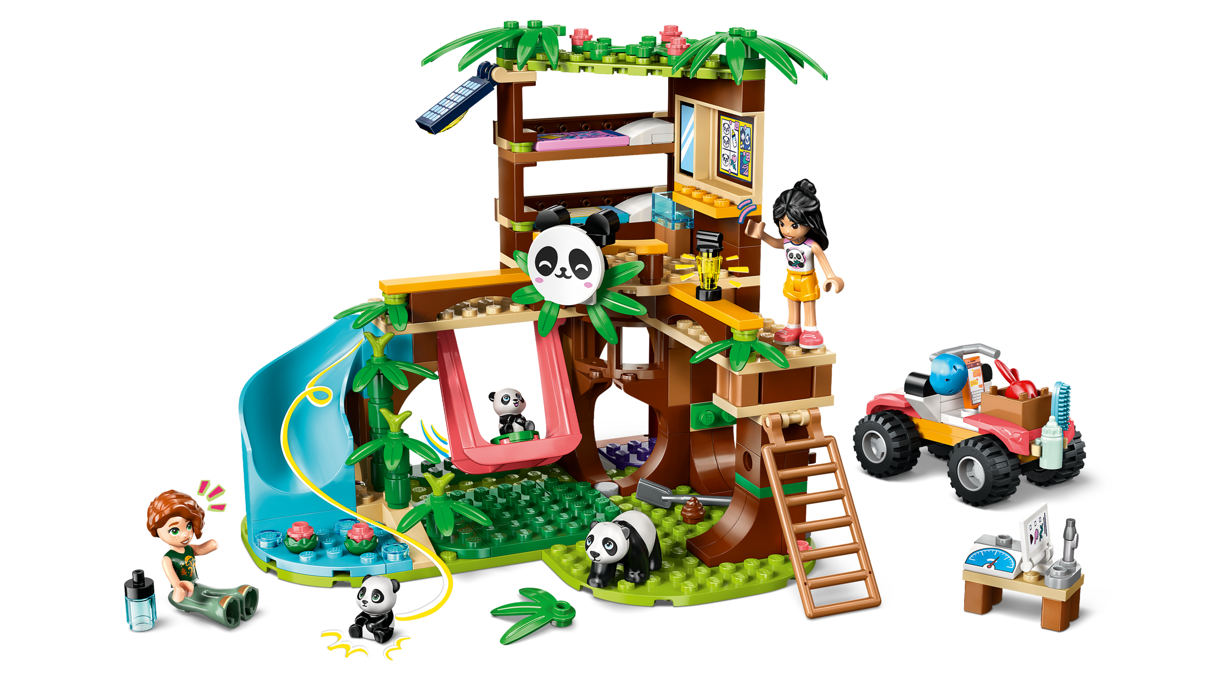 LEGO set with panda-themed play structure, vehicles, and figures on a white background