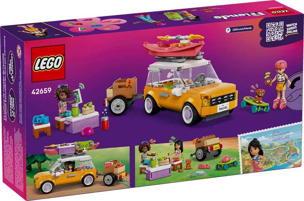 LEGO Friends set packaging with toy car and characters on a purple background