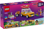LEGO Friends set packaging with toy car and characters on a purple background