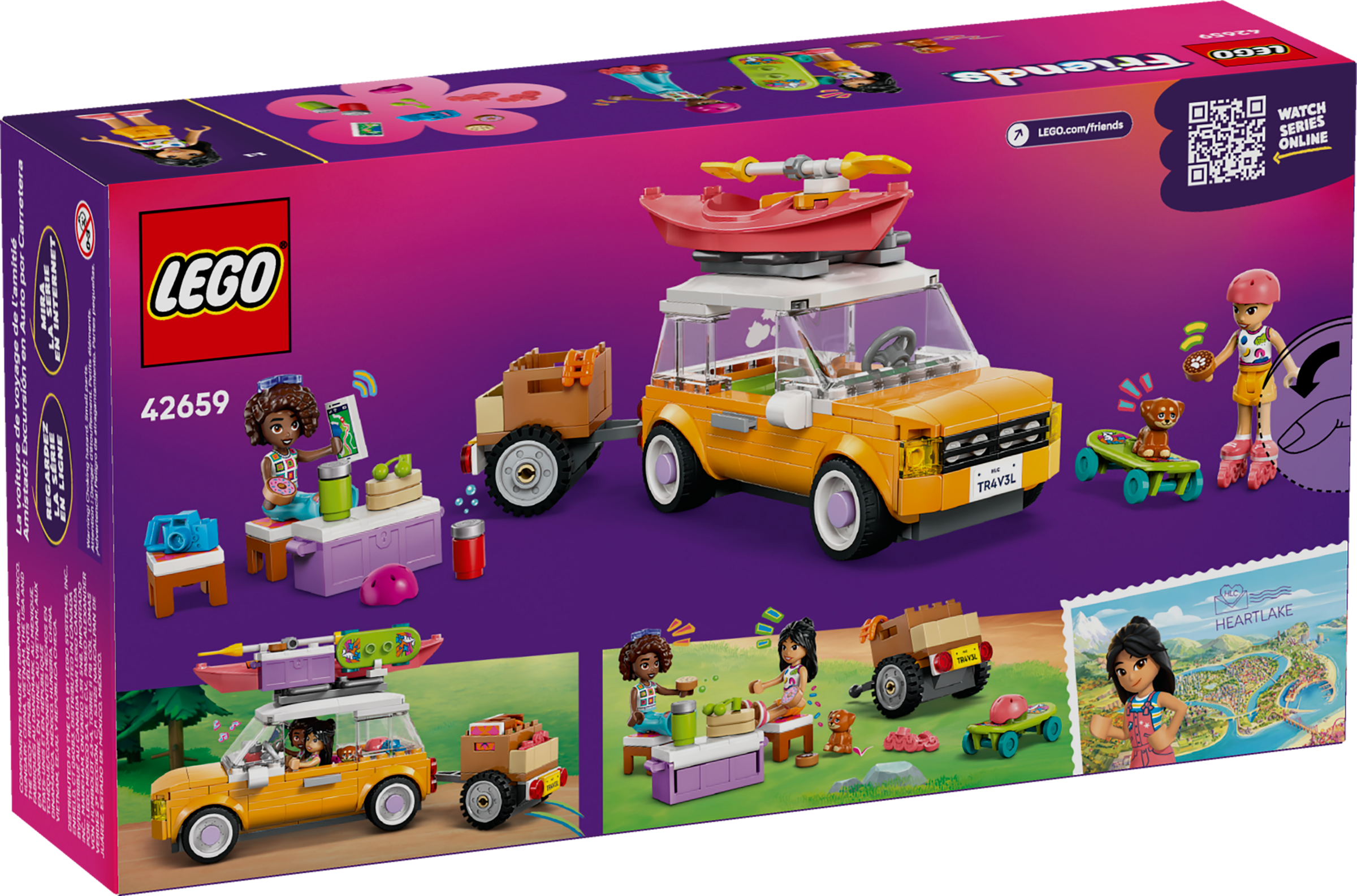 LEGO Friends set packaging with toy car and characters on a purple background