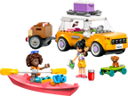 LEGO set with a yellow car, pink boat, and two dolls on a white background