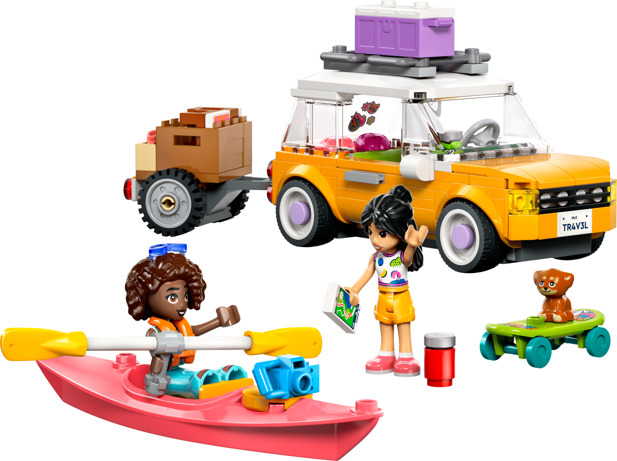 LEGO set with a yellow car, pink boat, and two dolls on a white background