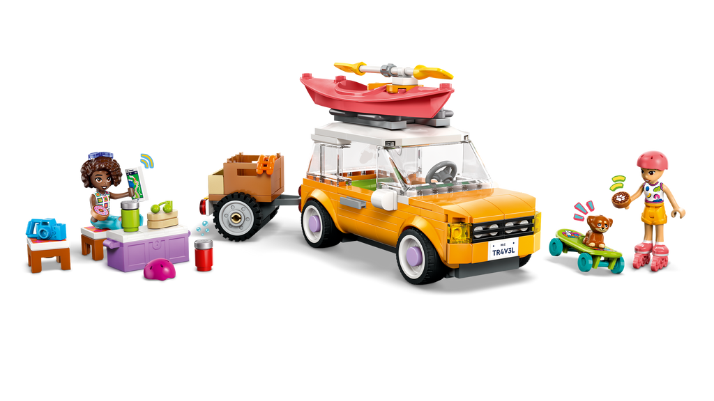 LEGO set with a yellow car, people, and beach accessories on a white background