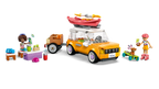 LEGO set with a yellow car, people, and beach accessories on a white background