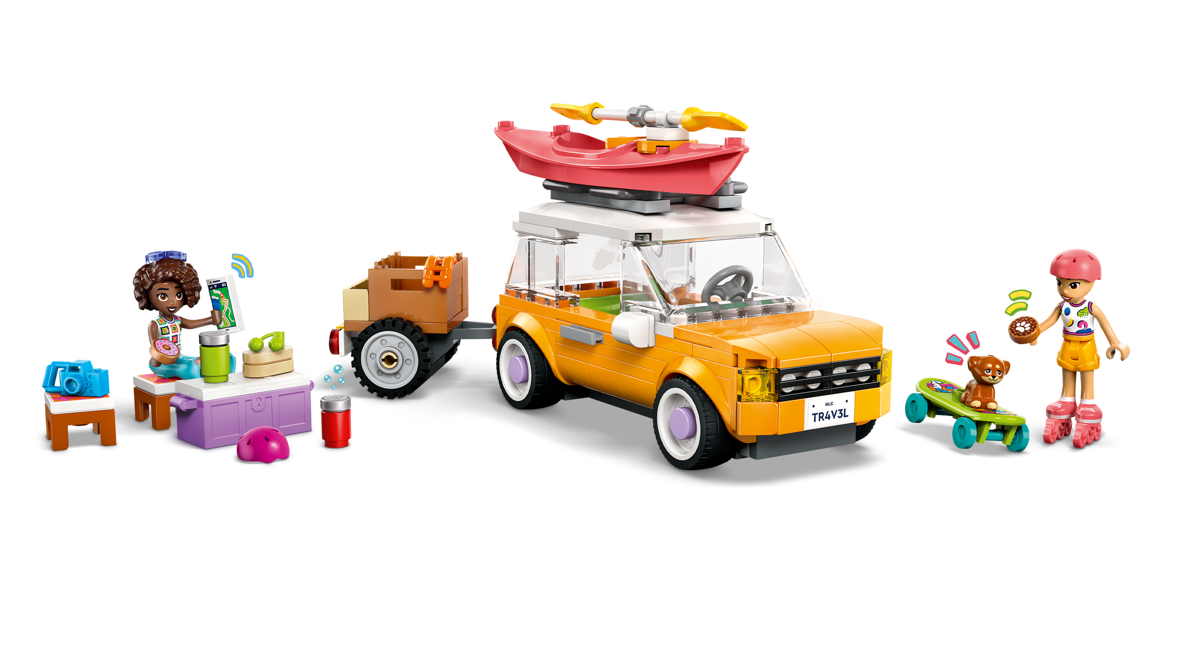 LEGO set with a yellow car, people, and beach accessories on a white background