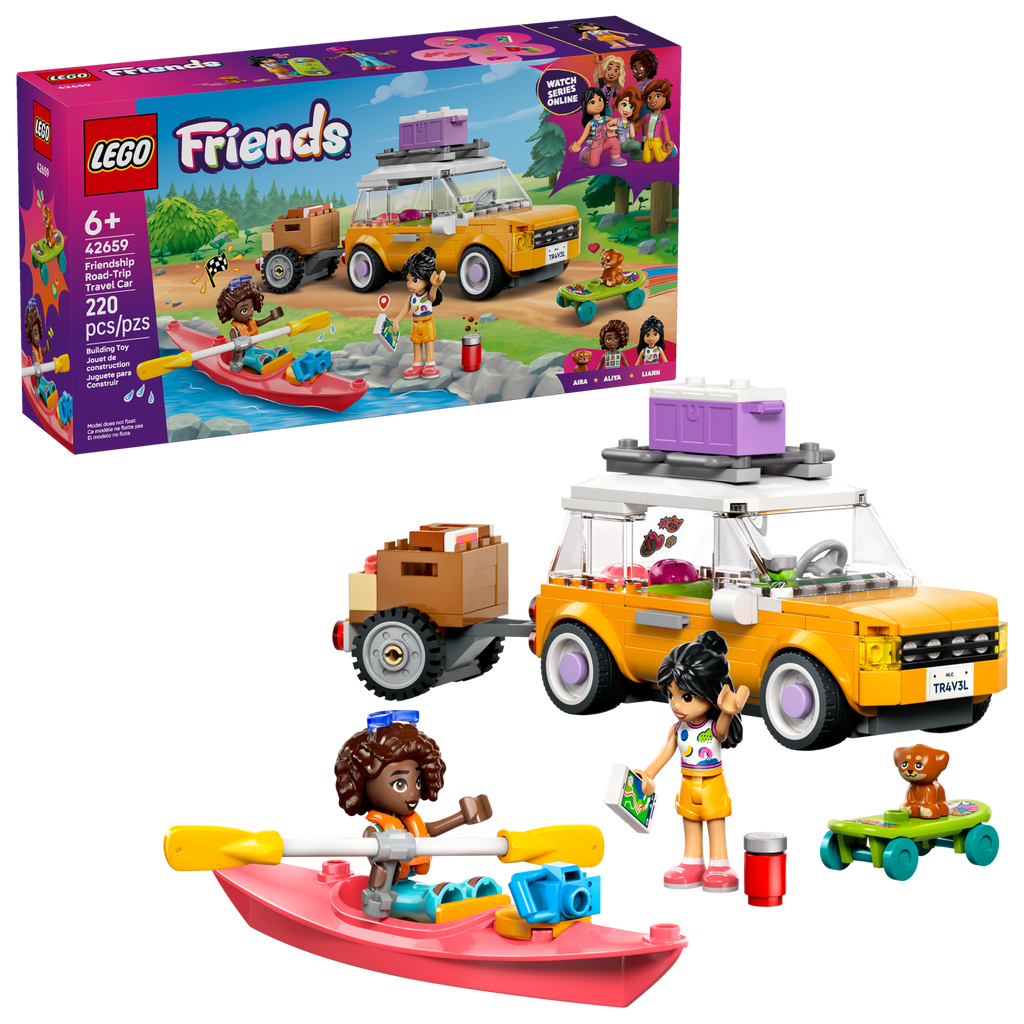 LEGO Friends set with yellow van, pink boat, and character figures on a white background