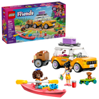 LEGO Friends set with yellow van, pink boat, and character figures on a white background