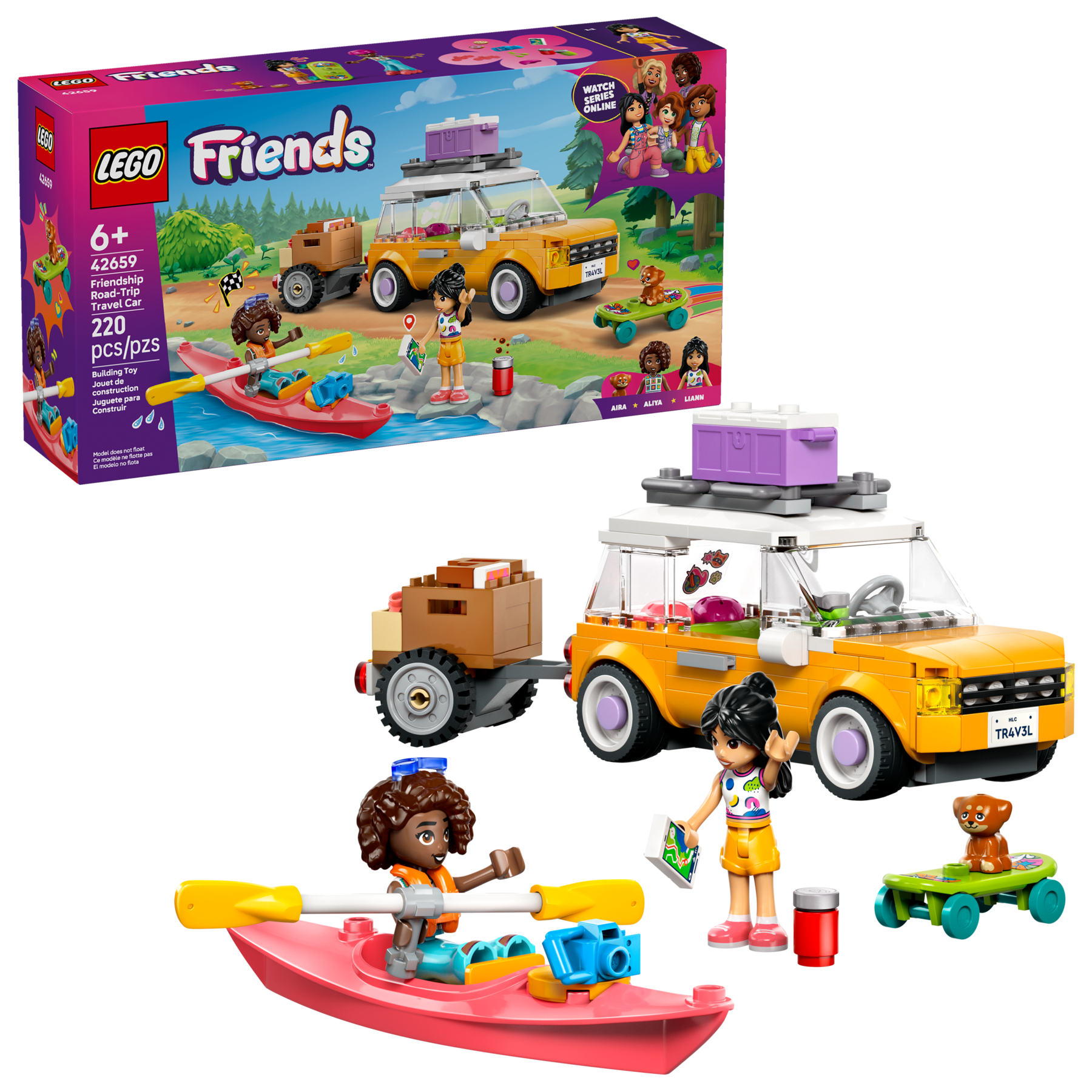 LEGO Friends set with yellow van, pink boat, and character figures on a white background