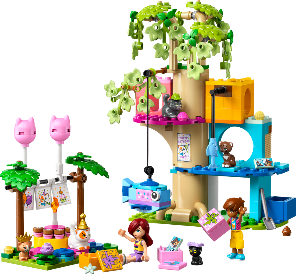 LEGO Friends treehouse set with characters and animals on a white background