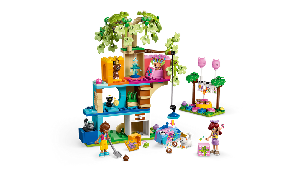 LEGO Friends jungle tree house set with multiple figures and accessories on a white background