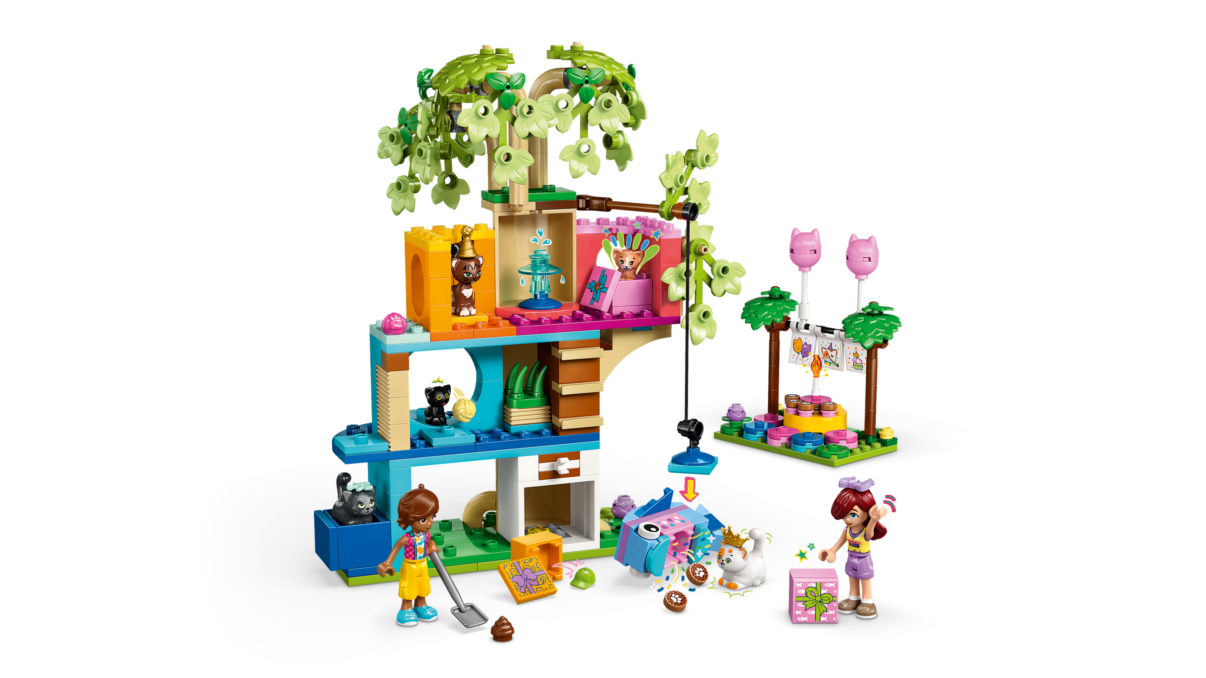 LEGO Friends jungle tree house set with multiple figures and accessories on a white background