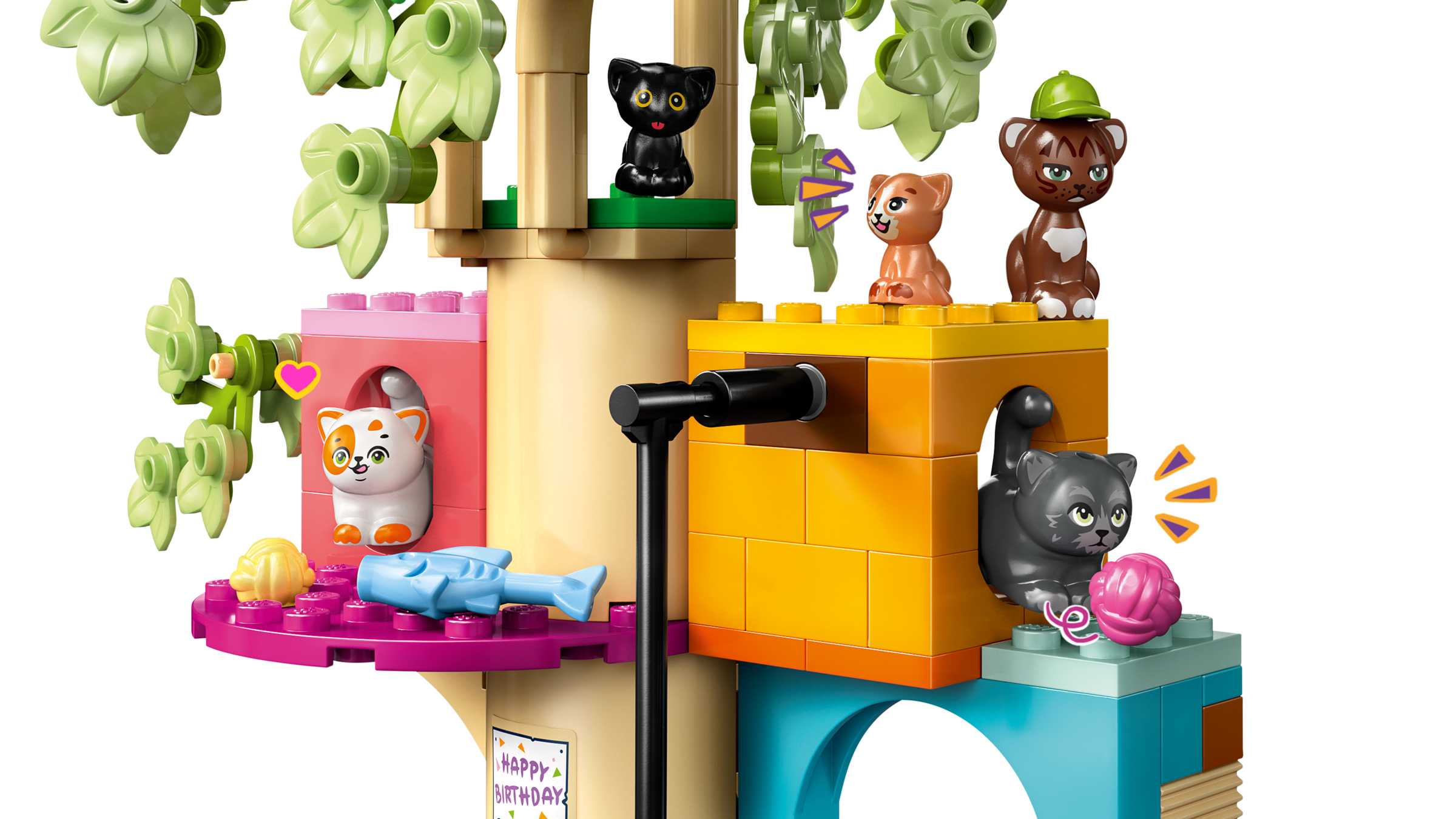 LEGO set with animal figures and colorful blocks on a white background