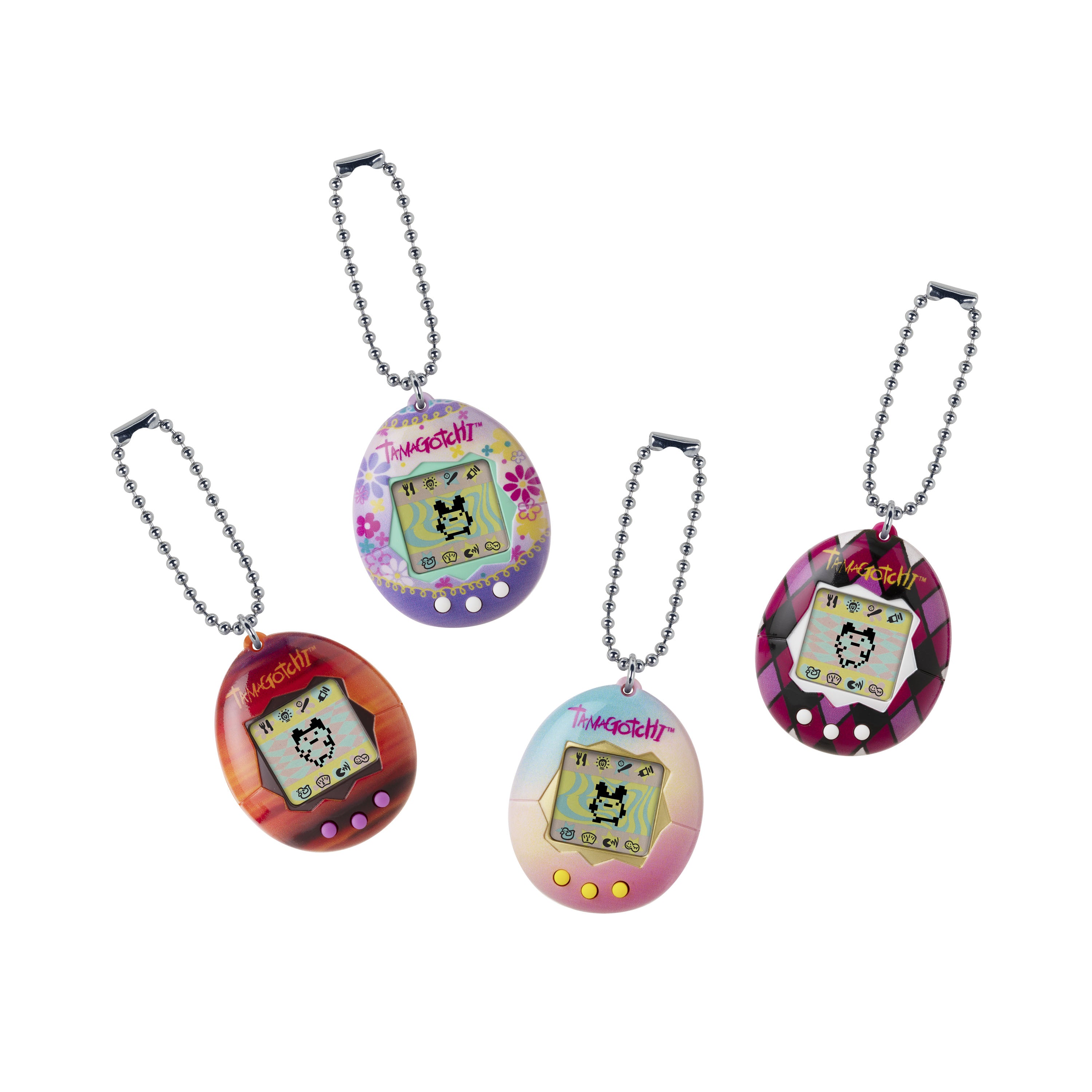 Set of five colorful electronic keychains with character displays on a white background