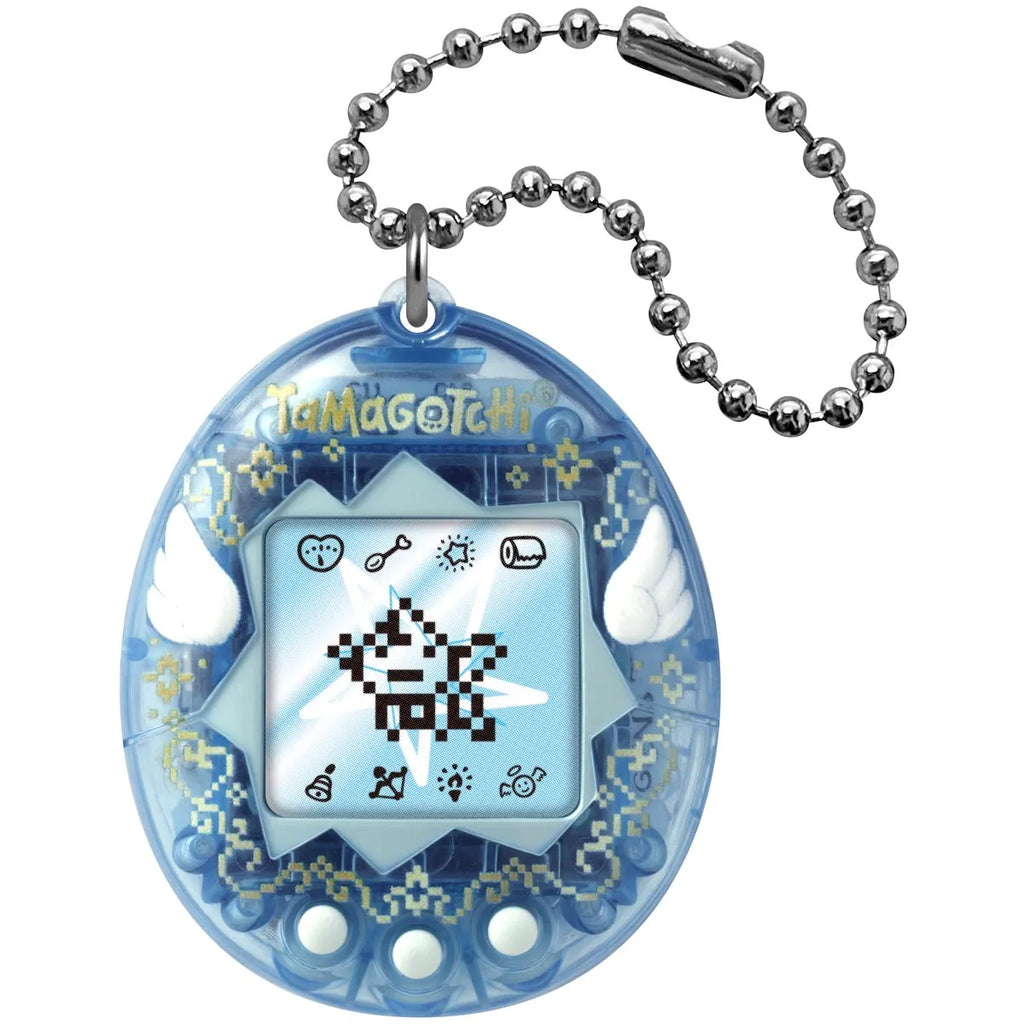 Blue Tamagotchi with a digital screen on a white background