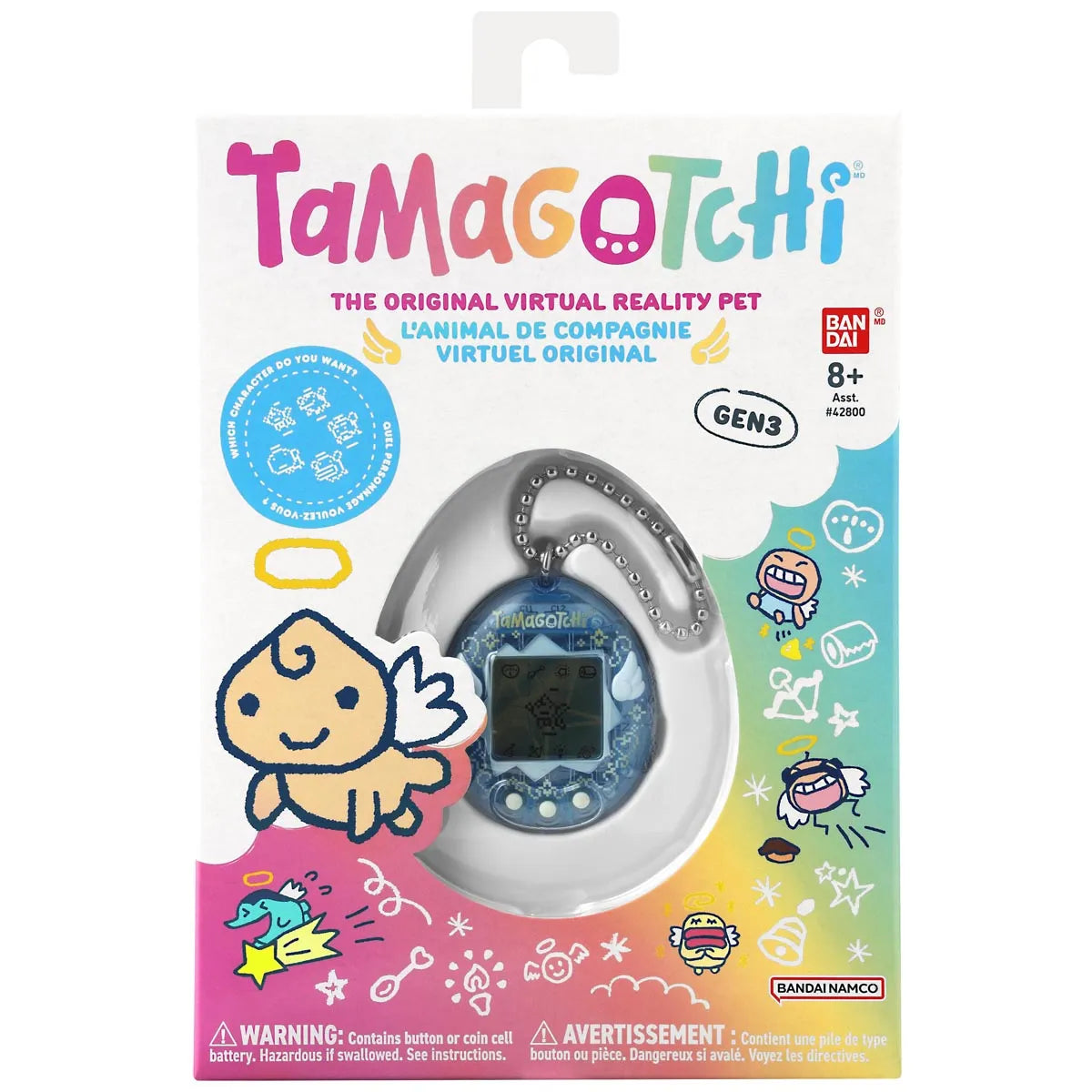 Tamagotchi digital pet toy in its packaging with colorful branding and graphics.